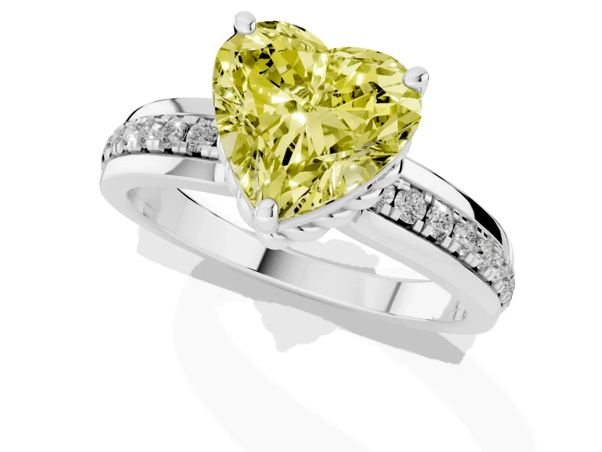 Fancy Yellow Heart Cut Solitaire Diamond Ring with Channel Set Band and Six-Prong Setting Platinum