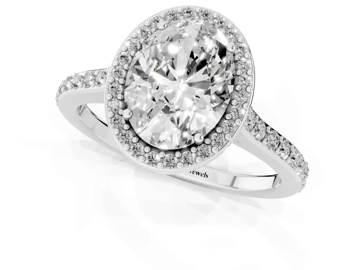 Oval Cut Diamond Halo Engagement Ring with Round Pavé Shoulders and Prong Setting Silver
