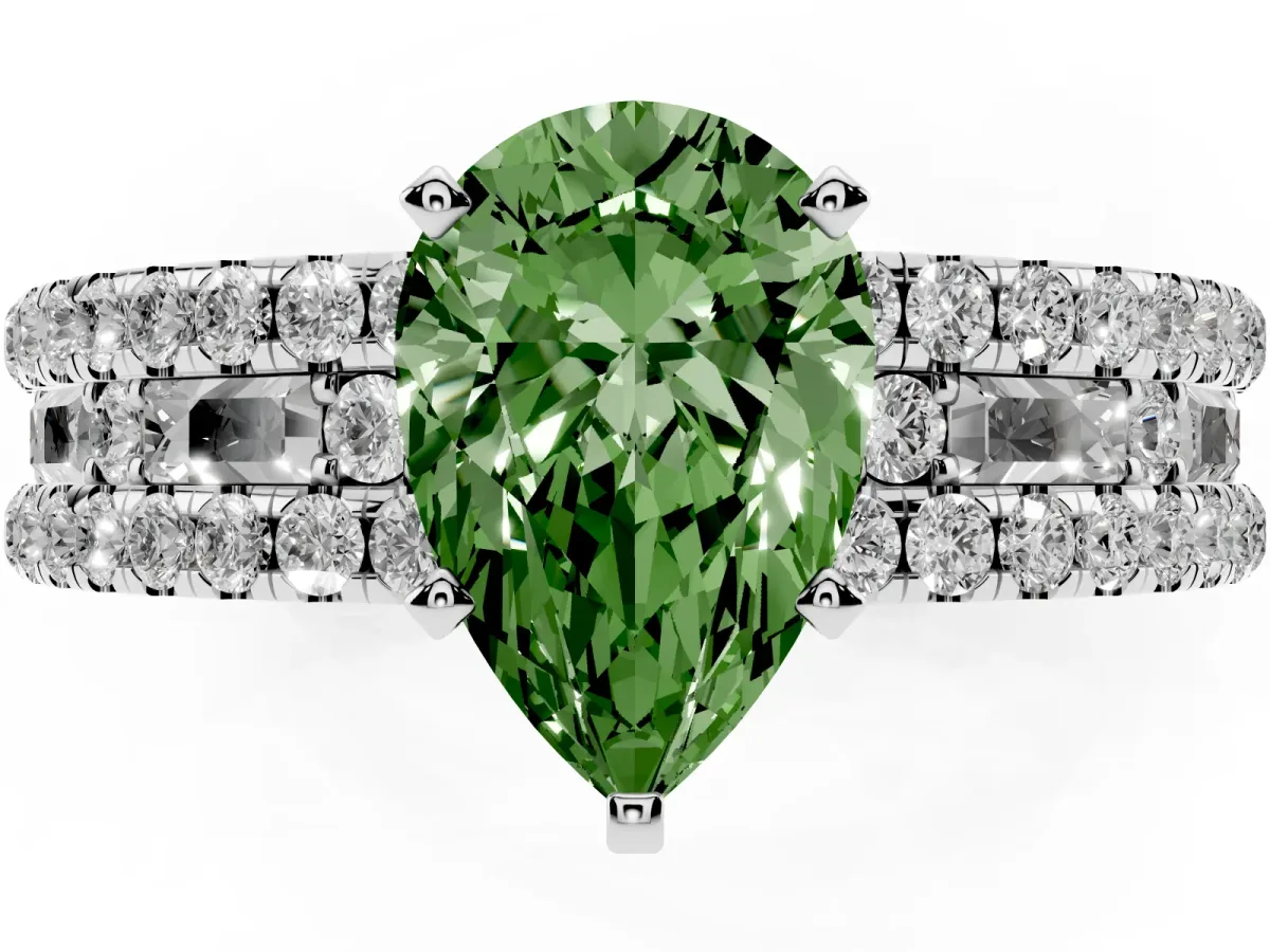 Fancy Green Pear Cut Diamond Solitaire Ring with Pavé and Channel Set Band Silver