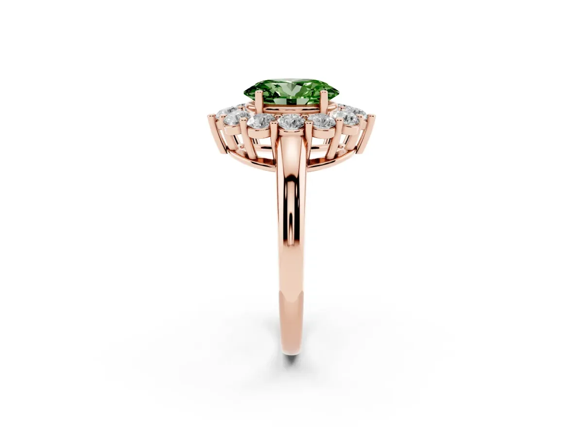 Fancy Green Oval Cut Halo Cluster Diamond Engagement Ring with Prong Setting and Polished Band Rose gold