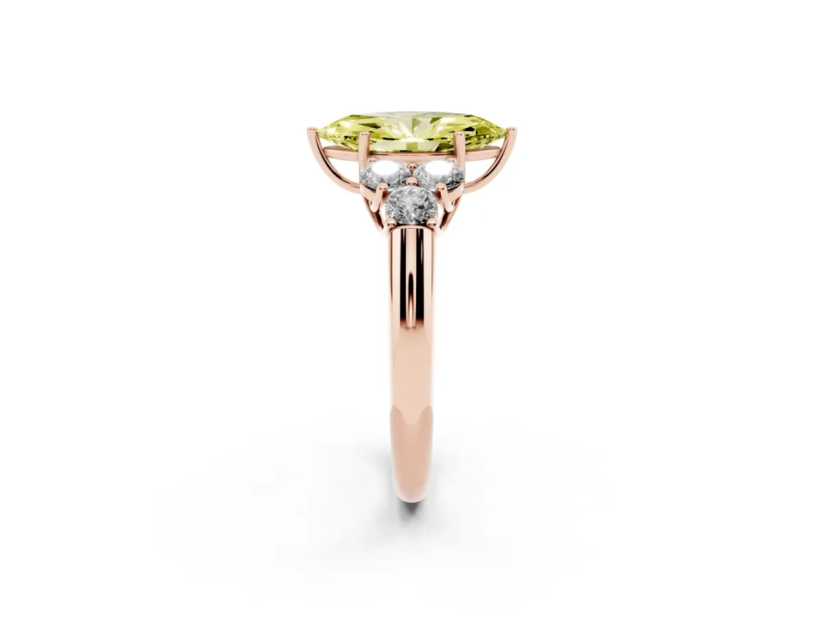 Fancy Yellow Marquise Cut Cut Diamond Cluster Ring with Round Accent Stones and Prong Setting on a Classic Band Rose gold