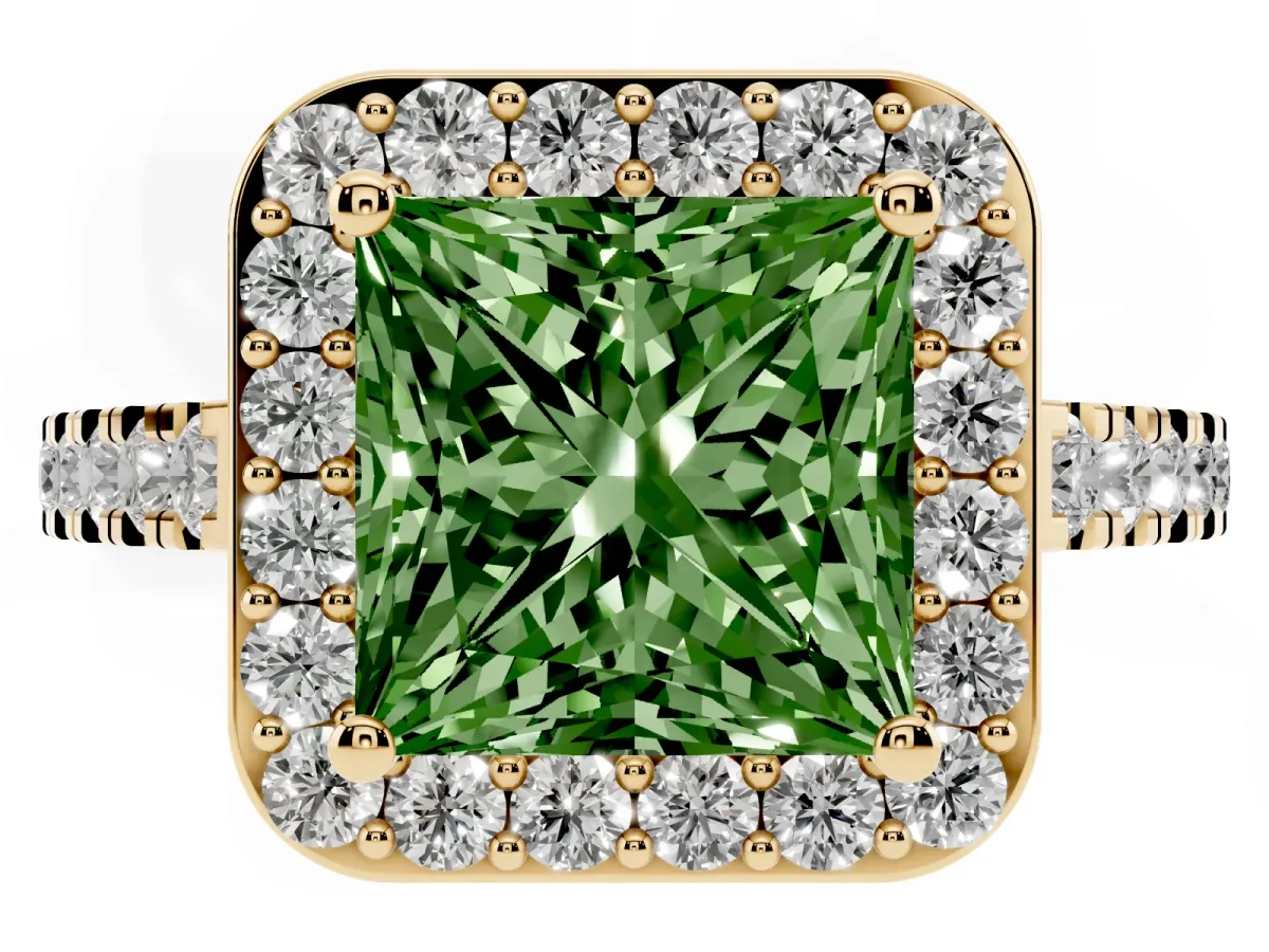 Fancy Green Princess Cut Diamond Halo Ring with Round Pavé Split Shank and Prong Setting Yellow gold