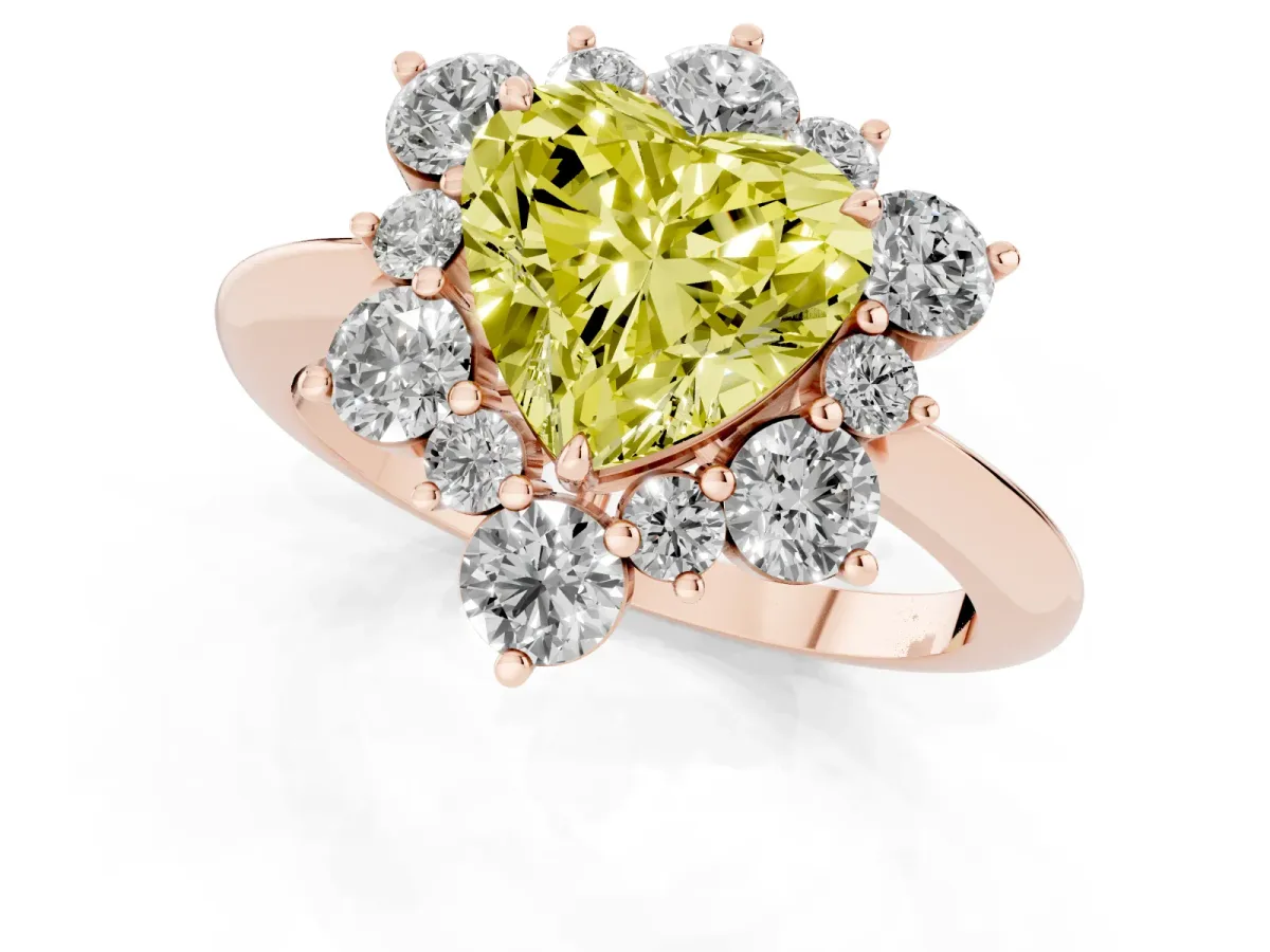 Fancy Yellow Heart Cut Diamond Cluster Halo Ring with Solitaire Band and Four-Prong Setting Rose gold
