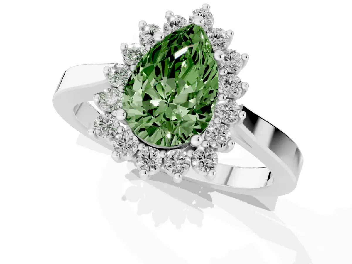 Fancy Green Pear Cut Cut Diamond Halo Ring with Round Brilliant Halo and Solitaire Band Silver