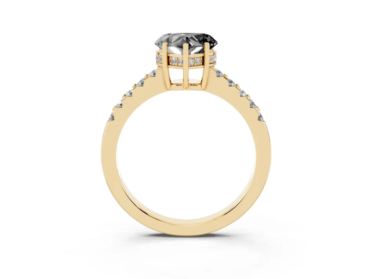 Fancy Black Heart Cut Solitaire Diamond Engagement Ring with Pavé Band and Six-Prong Setting Yellow gold