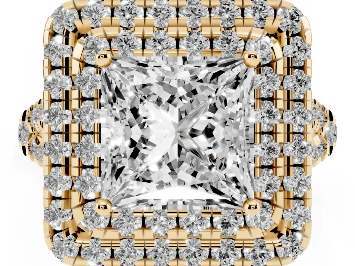 Double Halo Princess Cut Diamond Pavé Split Shank Ring with Prong Setting Yellow gold