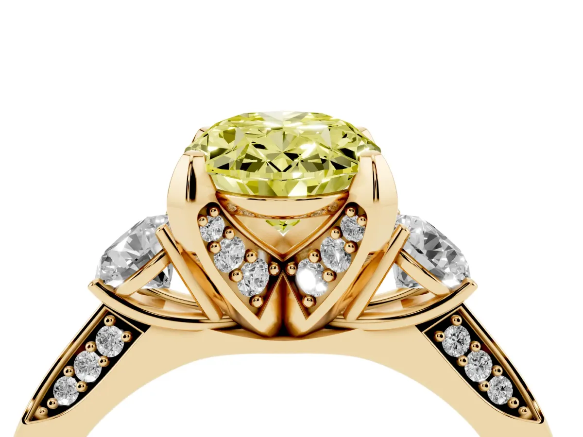 Fancy Yellow Oval Cut Brilliant Three-Stone Diamond Ring with Pavé Band and Four-Prong Setting Yellow gold