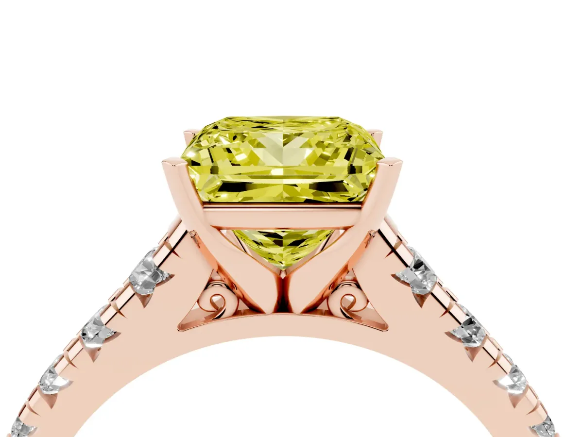 Fancy Yellow Princess Cut Diamond Cathedral Solitaire Ring with Round Pavé Band Rose gold
