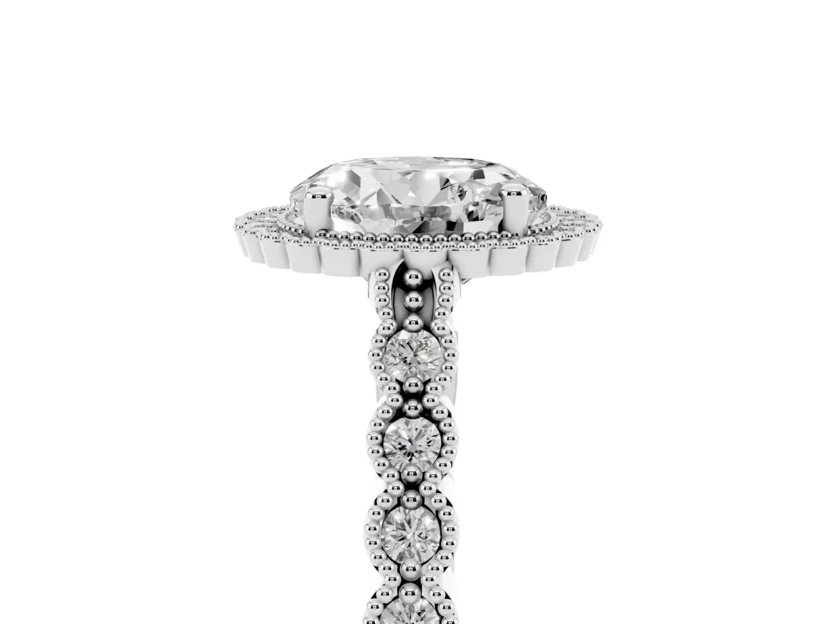Round Cut Cut Halo Pavé Solitaire Ring with Milgrain Band Silver