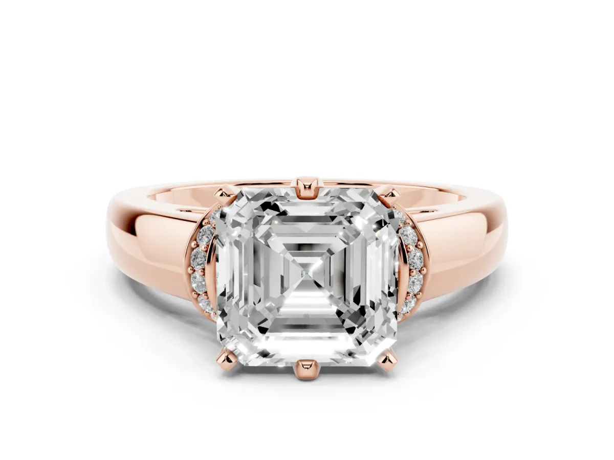 Asscher Cut Solitaire Diamond Ring with Pave Band and Six-Prong Setting Rose gold