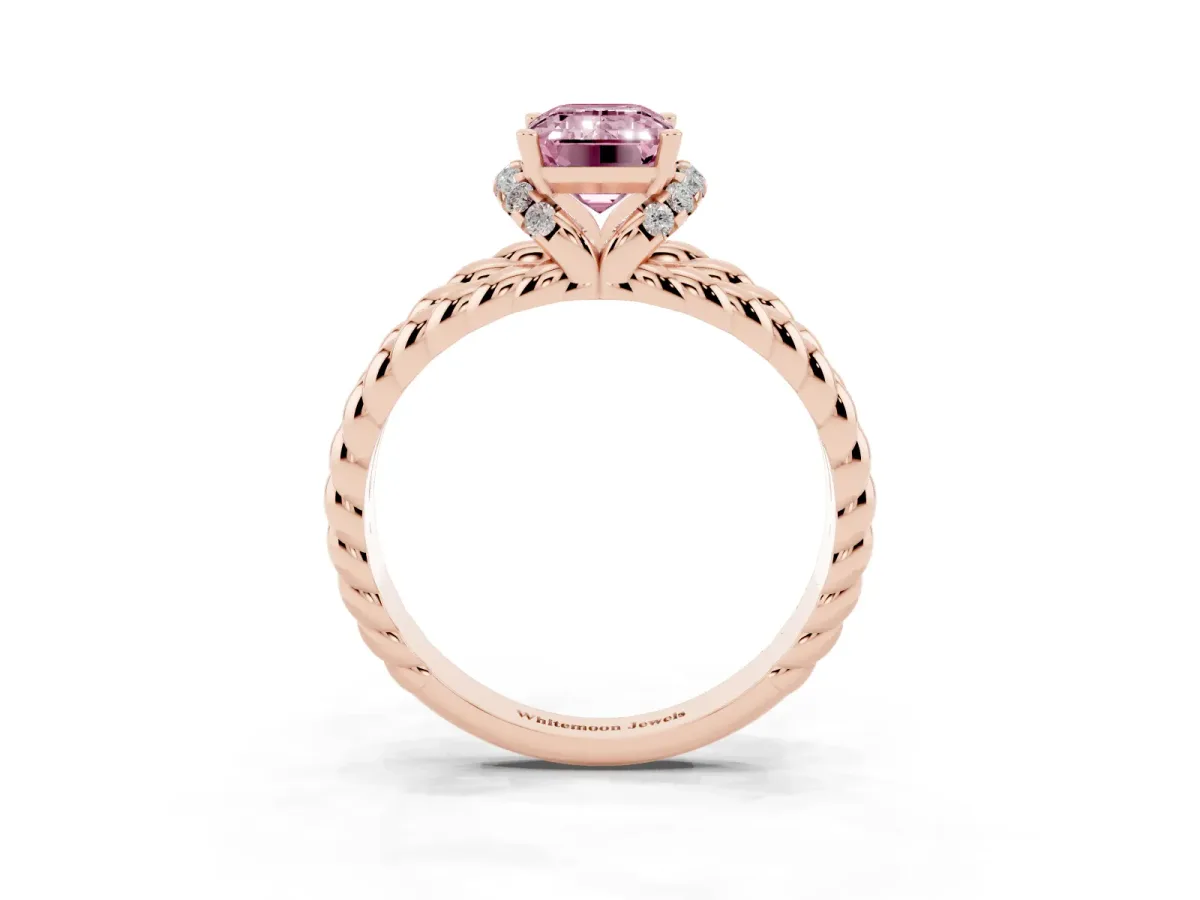Fancy Pink Emerald Cut Halo Twisted Band Four-Prong Ring Rose gold