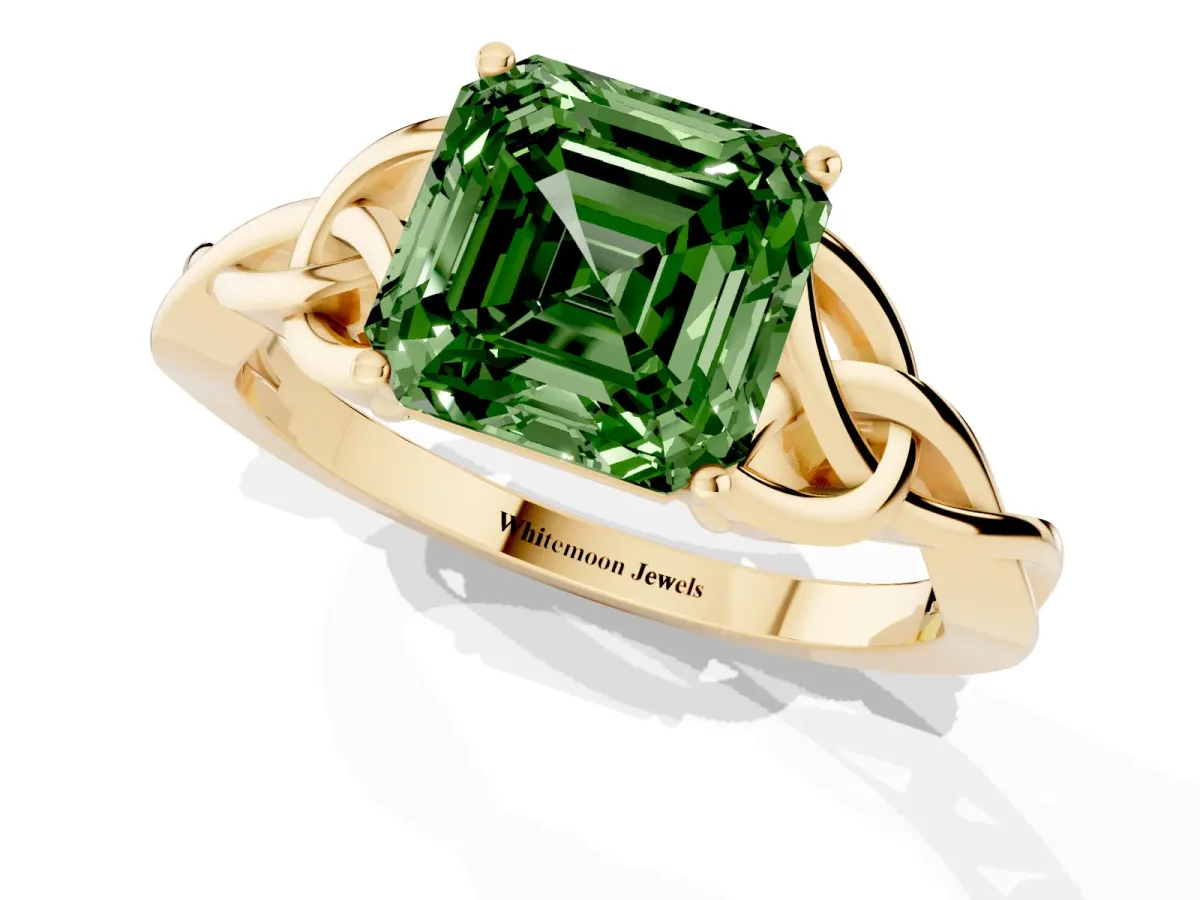 Fancy Green Asscher Cut Diamond Solitaire Engagement Ring with Celtic Knot Band and Four-Prong Setting Yellow gold