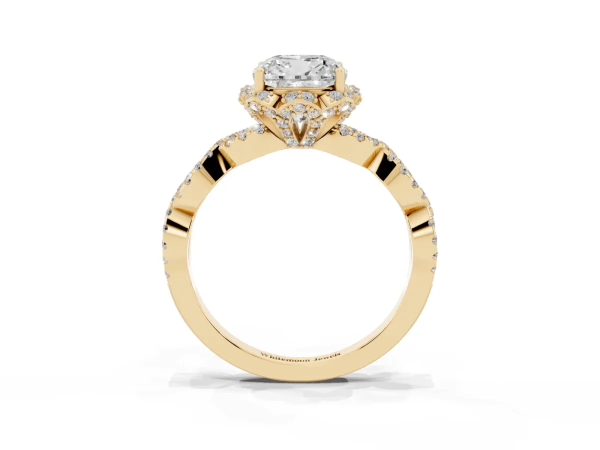 Cushion Cut Halo Twist Band Solitaire Ring with Six-Prong Setting Yellow gold