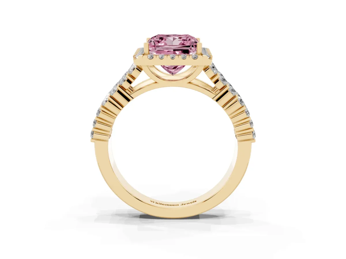 Fancy Pink Princess Cut Diamond Halo Engagement Ring with Triple Row Round Pavé Band and Prong Setting Yellow gold