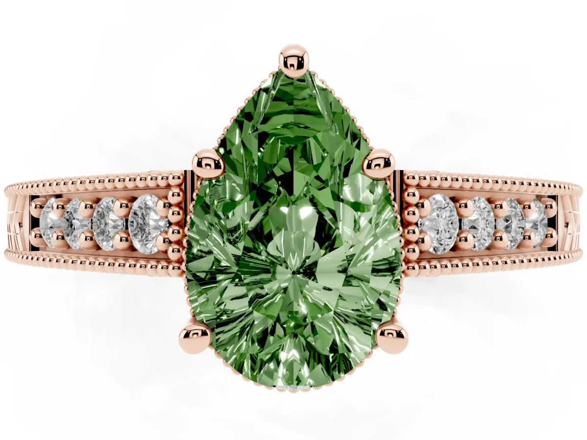 Fancy Green Pear Cut Solitaire Pavé Diamond Milgrain Engagement Ring with Four-Prong Setting Rose gold