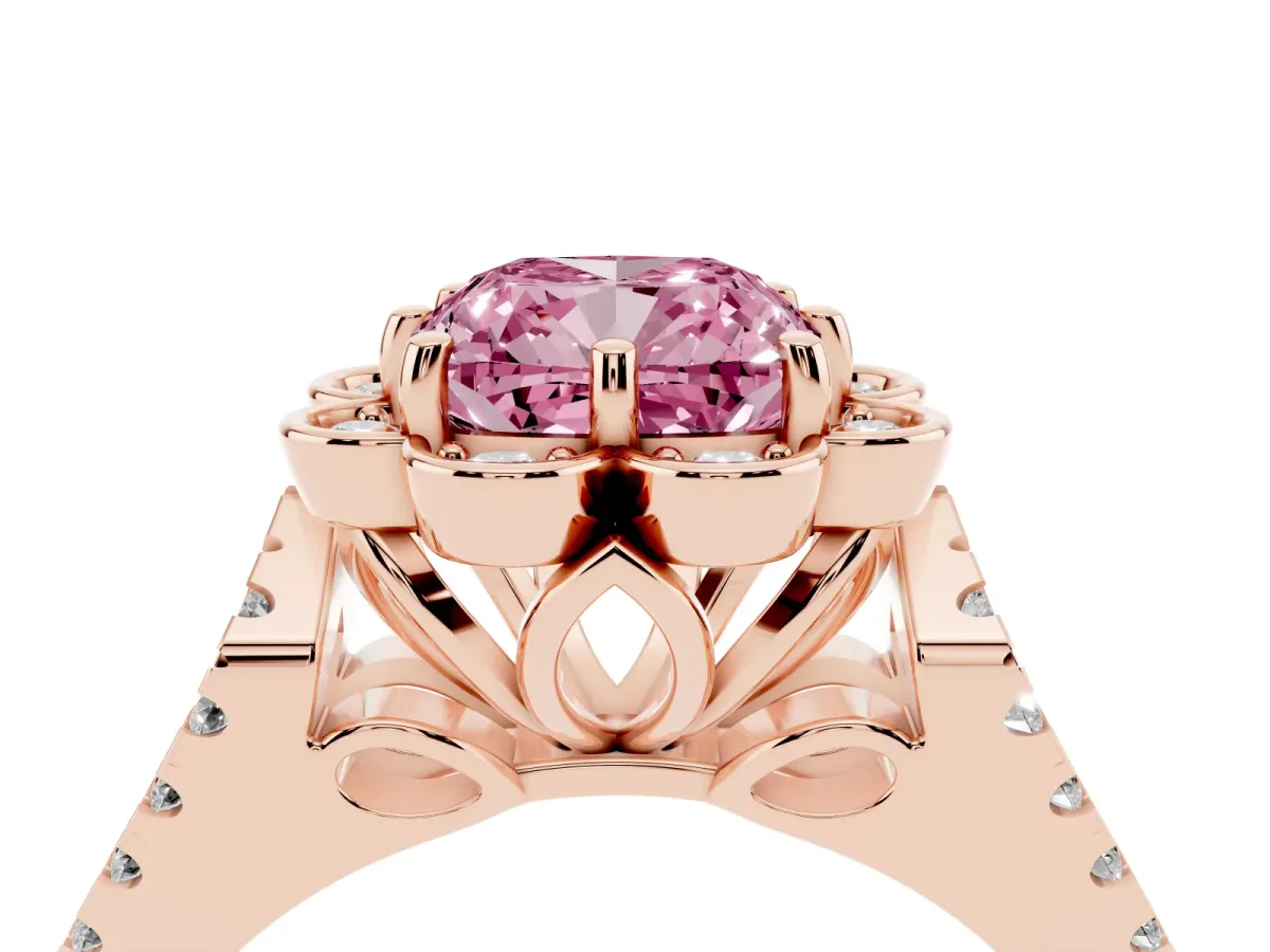 Fancy Pink Cushion Cut Halo Diamond Floral Split Shank Engagement Ring Rose gold