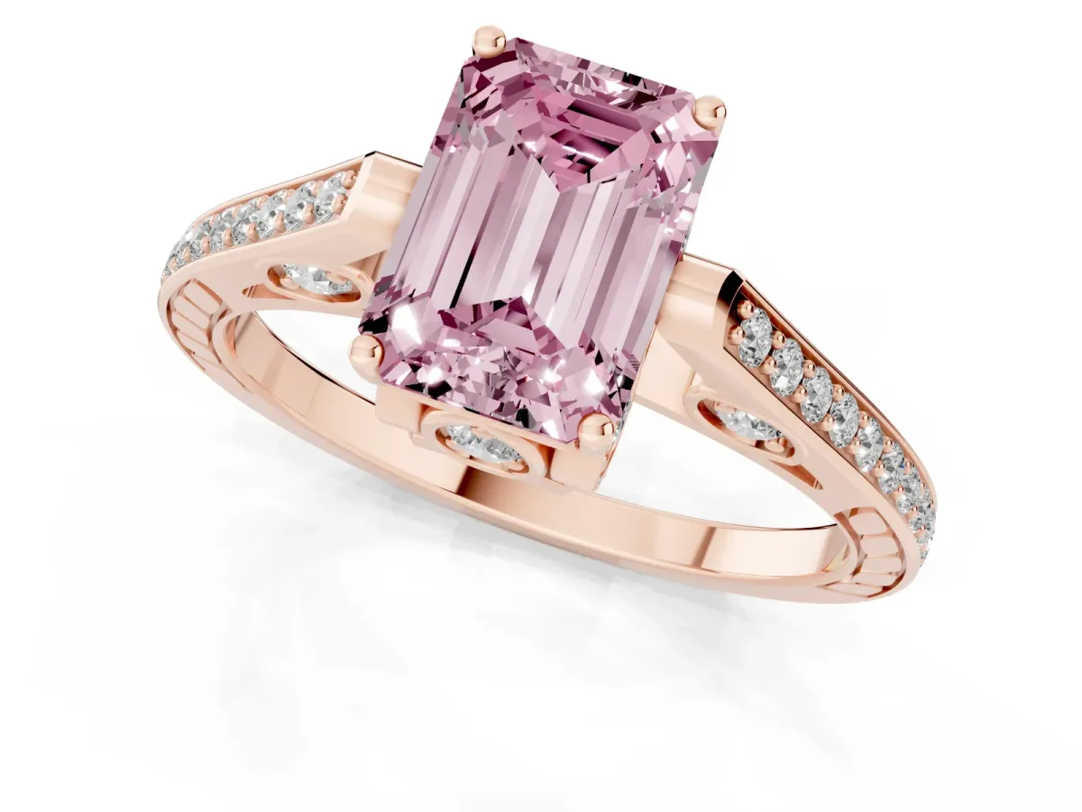 Fancy Pink Emerald Cut Cut Cathedral Pave Diamond Engagement Ring with Six-Prong Setting Rose gold