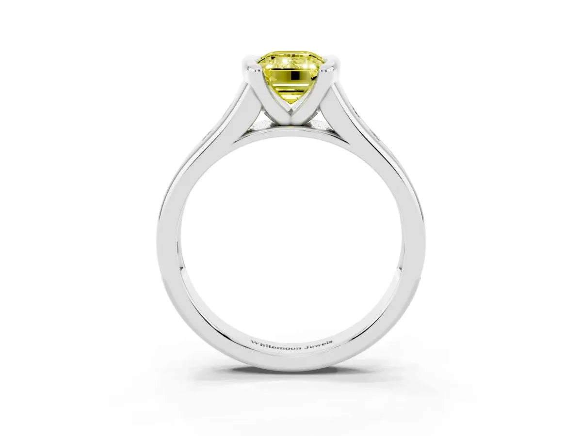 Fancy Yellow Emerald Cut Solitaire Bezel-Set Diamond Ring with Channel-Set Band Platinum