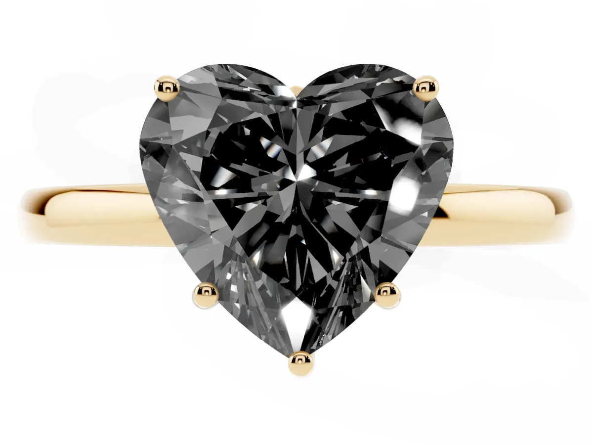 Fancy Black Heart Cut Solitaire Diamond Ring with Prong Setting and Plain Band Yellow gold