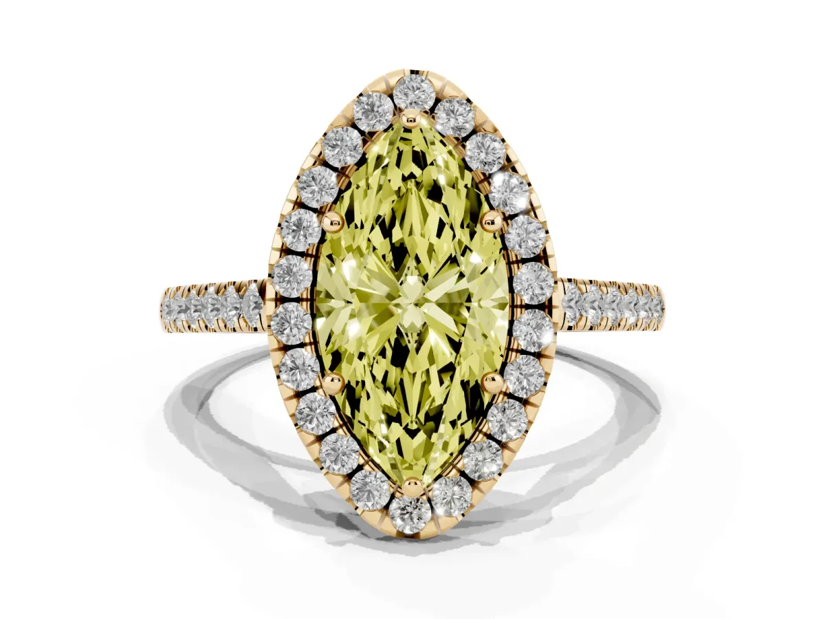 Fancy Yellow Marquise Cut Halo Pavé Diamond Engagement Ring with Four-Prong Setting Yellow gold
