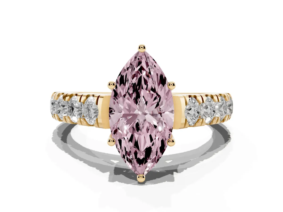 Fancy Pink Marquise Cut Cut Diamond Solitaire Ring with Micro Pave Band and Prong Setting Yellow gold
