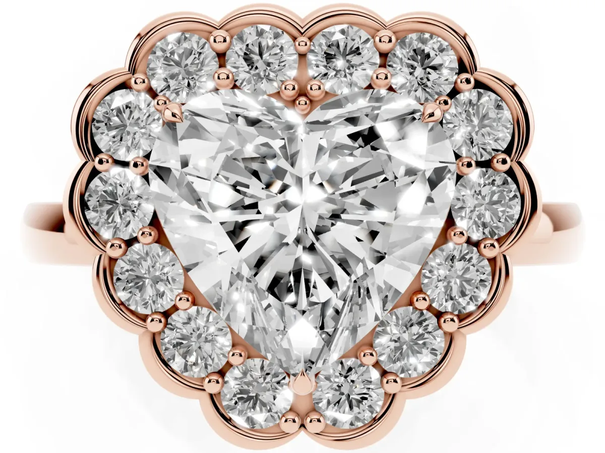 Heart Cut Halo Cluster Diamond Engagement Ring with Solitaire Band and Prong Setting Rose gold