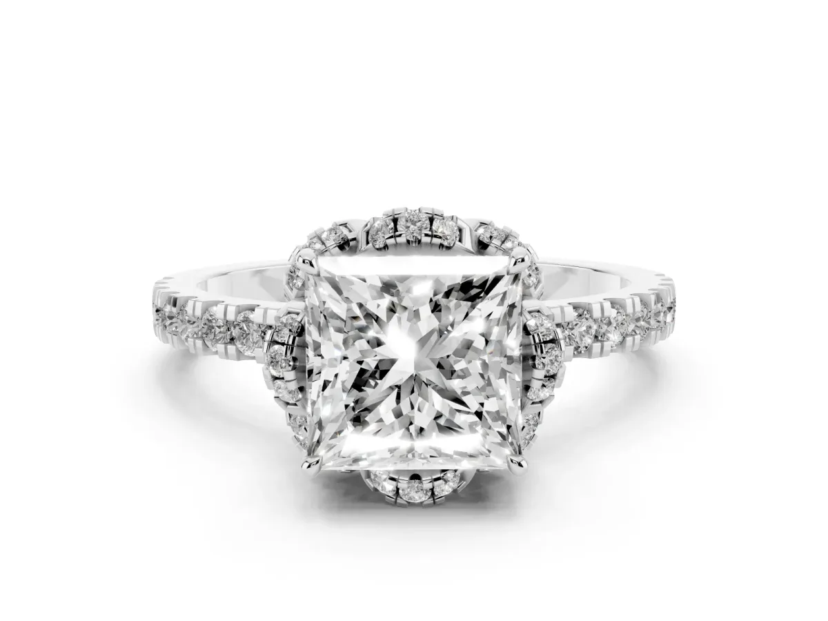 Princess Cut Diamond Halo Pave Band with Four-Prong Setting Silver