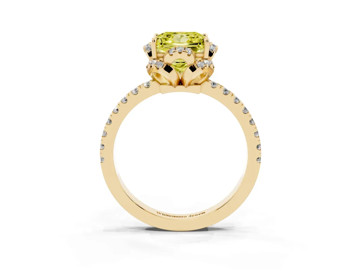 Fancy Yellow Princess Cut Diamond Halo Pave Band with Four-Prong Setting Yellow gold
