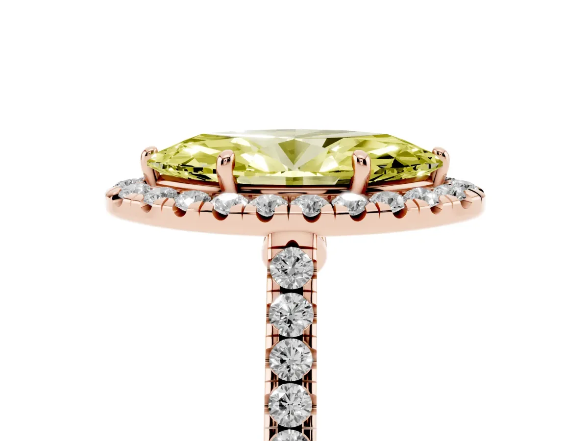 Fancy Yellow Marquise Cut Halo Pave Diamond Engagement Ring with Four-Prong Setting Rose gold
