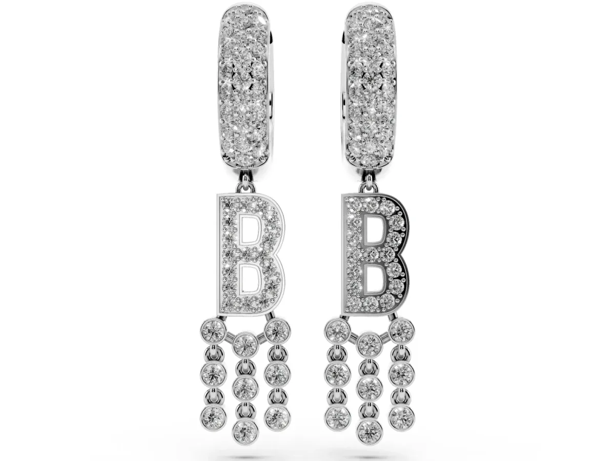 Round Diamond Initial B Huggie Hoop Earrings White gold