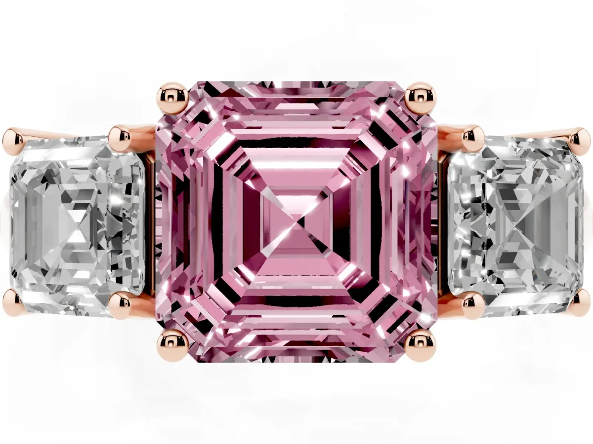 Fancy Pink Three-Stone Asscher Cut Diamond Engagement Ring with Prong Setting Rose gold