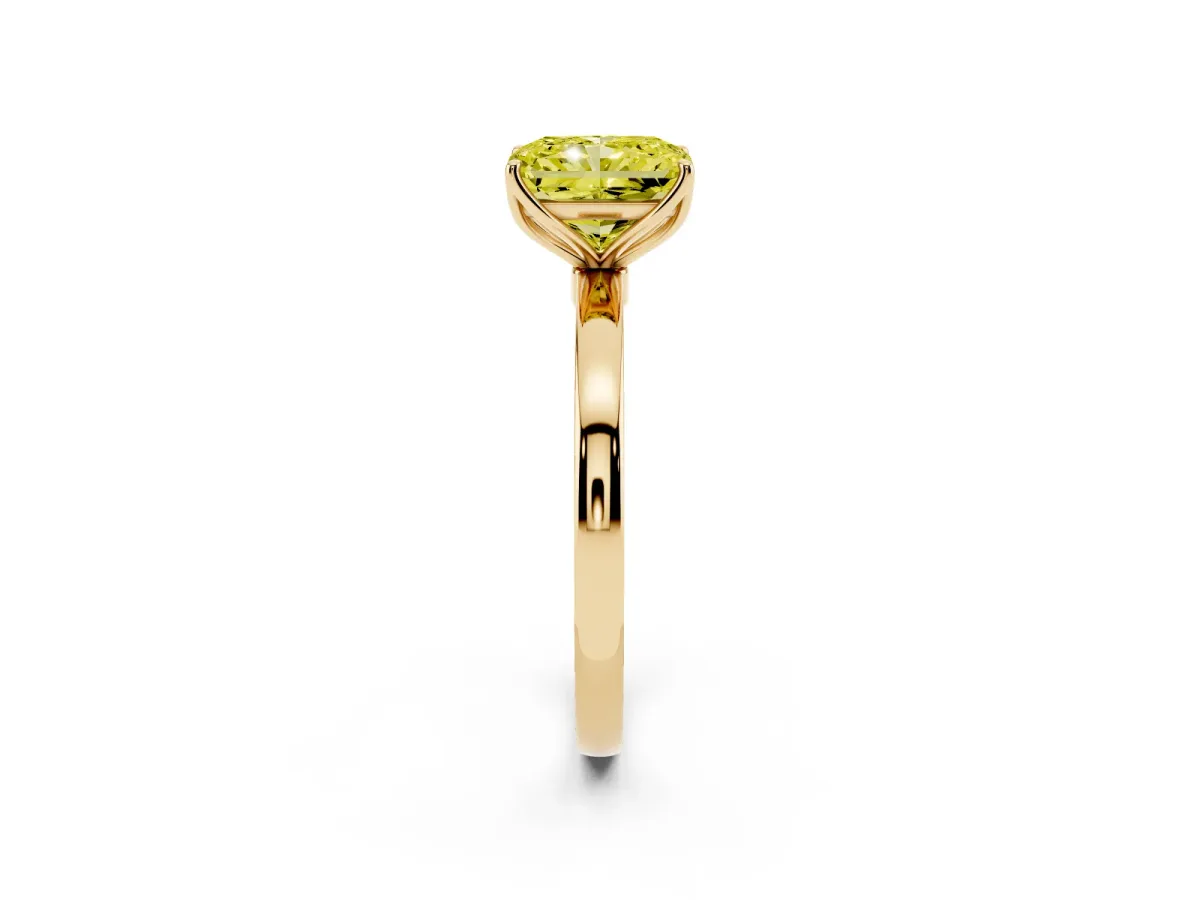 Fancy Yellow Radiant Cut Diamond Solitaire Ring with Thin Band and Prong Setting Yellow gold