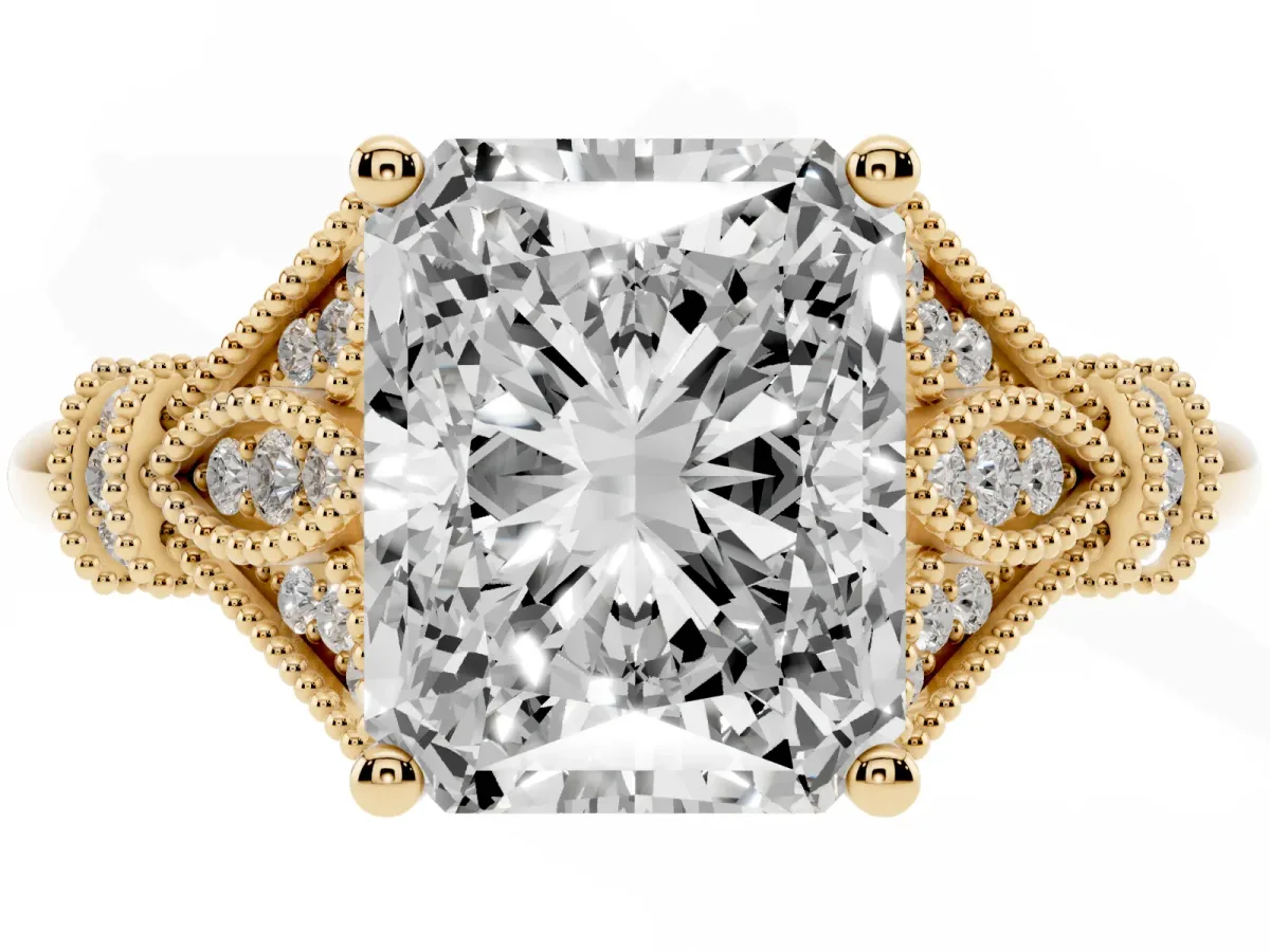 Radiant Cut Diamond Solitaire Ring with Floral Filigree and Pave Accents Yellow gold