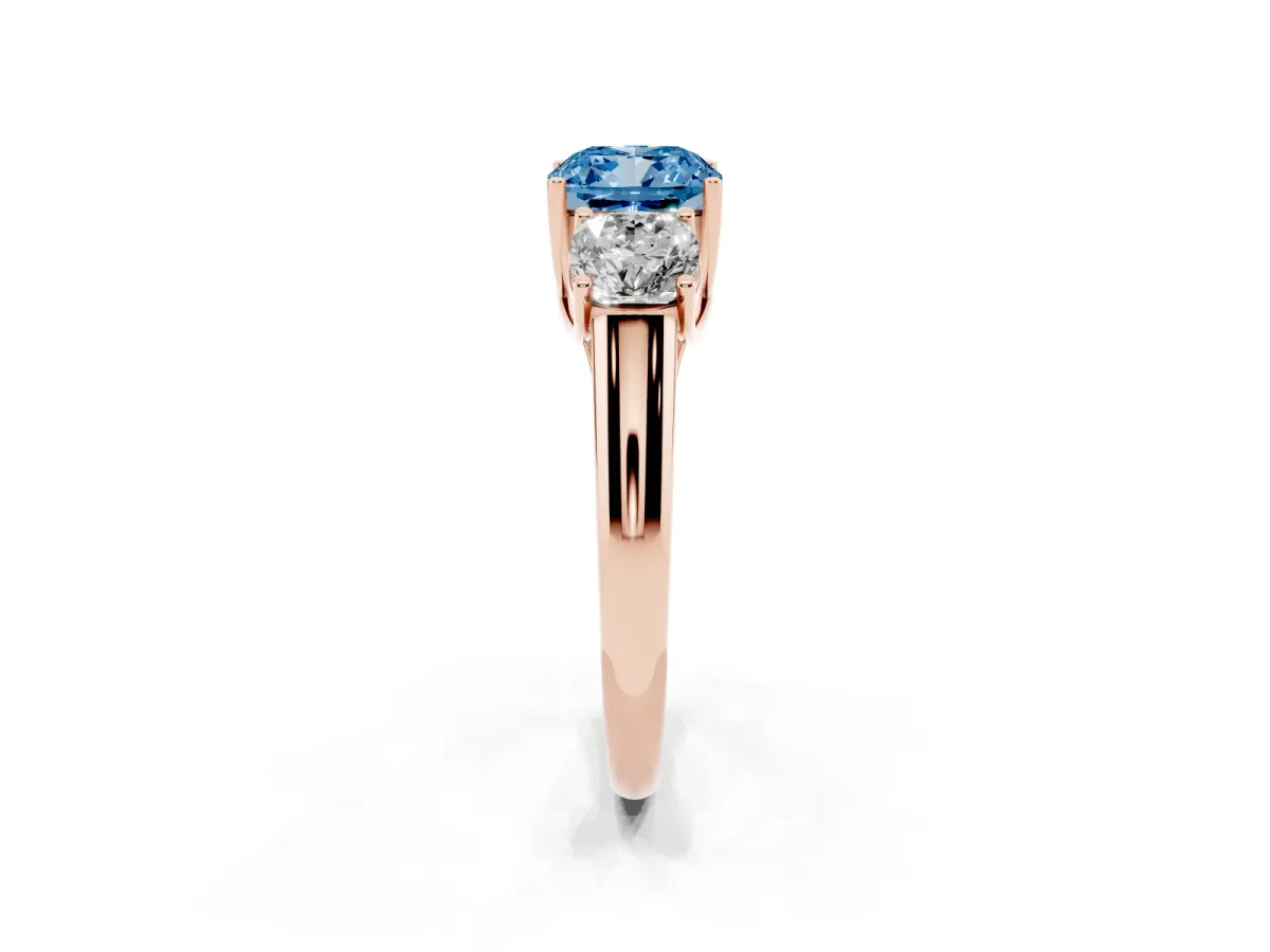 Fancy Blue Three-Stone Cushion Cut Diamond Engagement Ring with Prong Setting Rose gold