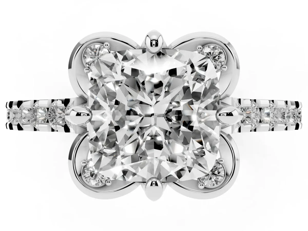 Cushion Cut Diamond Ring with Pavé Band and Floral Prong Setting White gold