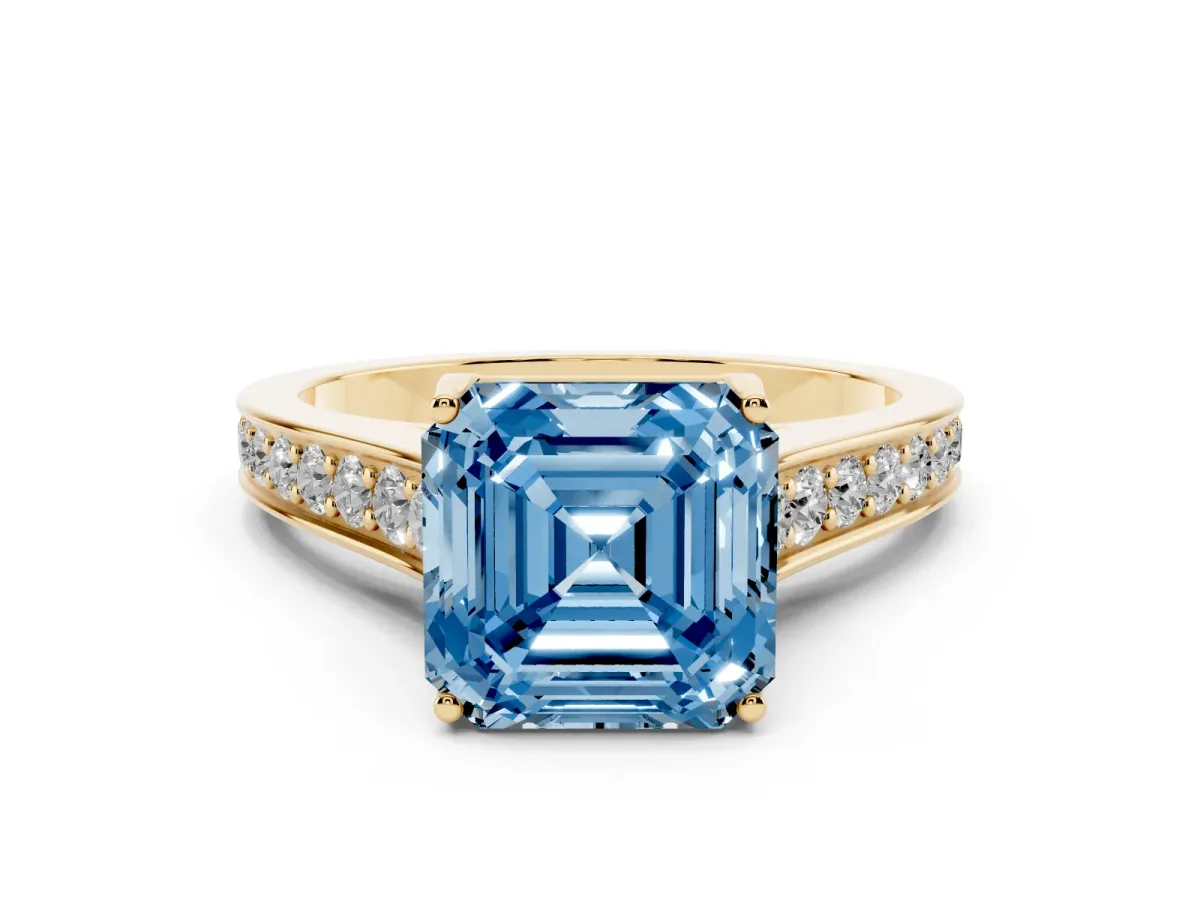 Fancy Blue Asscher Cut Brilliant Cut Diamond Engagement Ring with Pavé Band and Four-Prong Setting Yellow gold