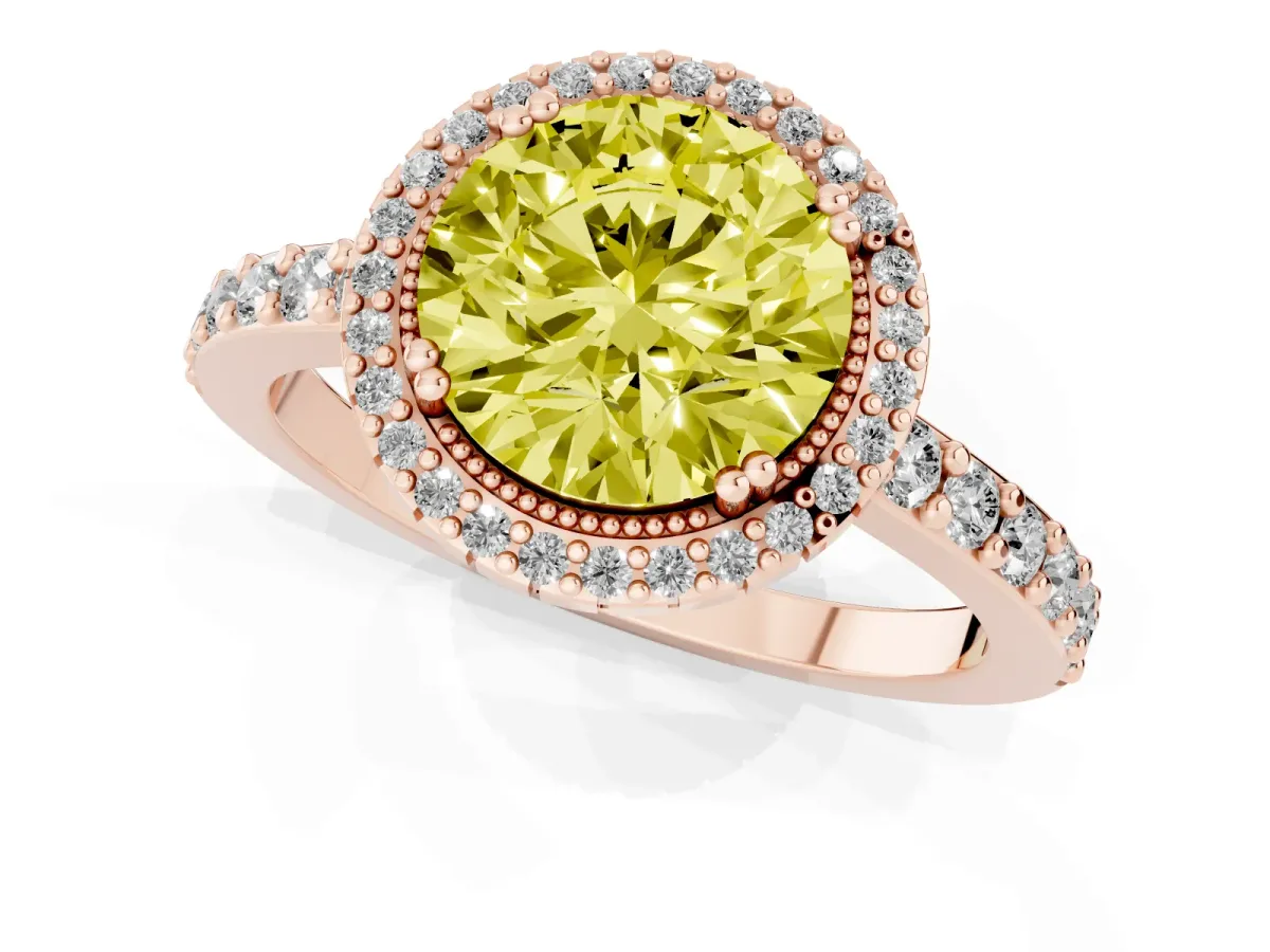 Fancy Yellow Round Cut Cut Diamond Halo Engagement Ring with Milgrain Detail and Pavé Band Rose gold