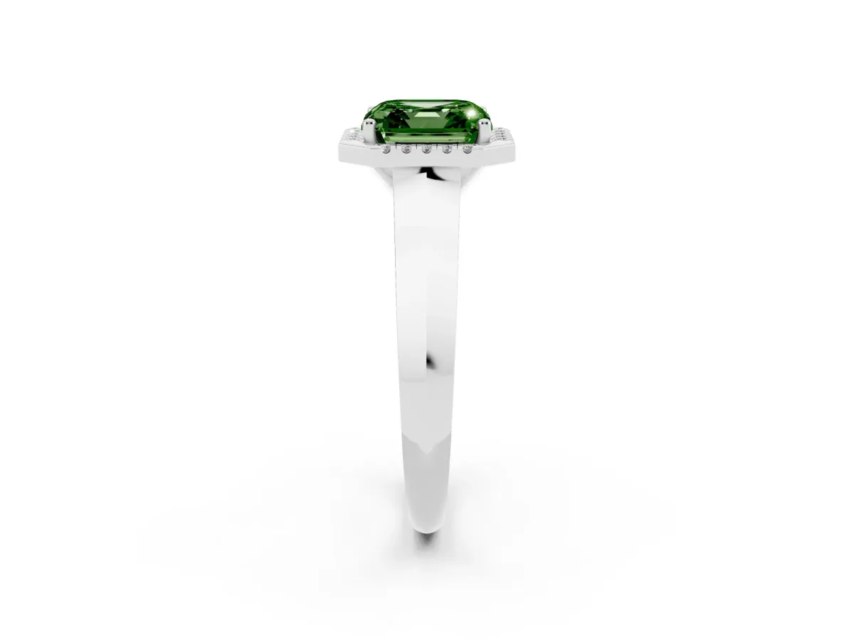 Fancy Green Asscher Cut Halo Diamond Ring with Cathedral Band and Four-Prong Setting White gold