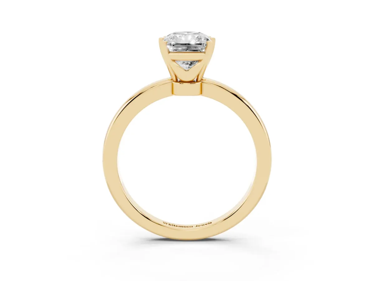 Radiant Cut Solitaire Diamond Ring with Six-Prong Setting on a Classic Band Yellow gold