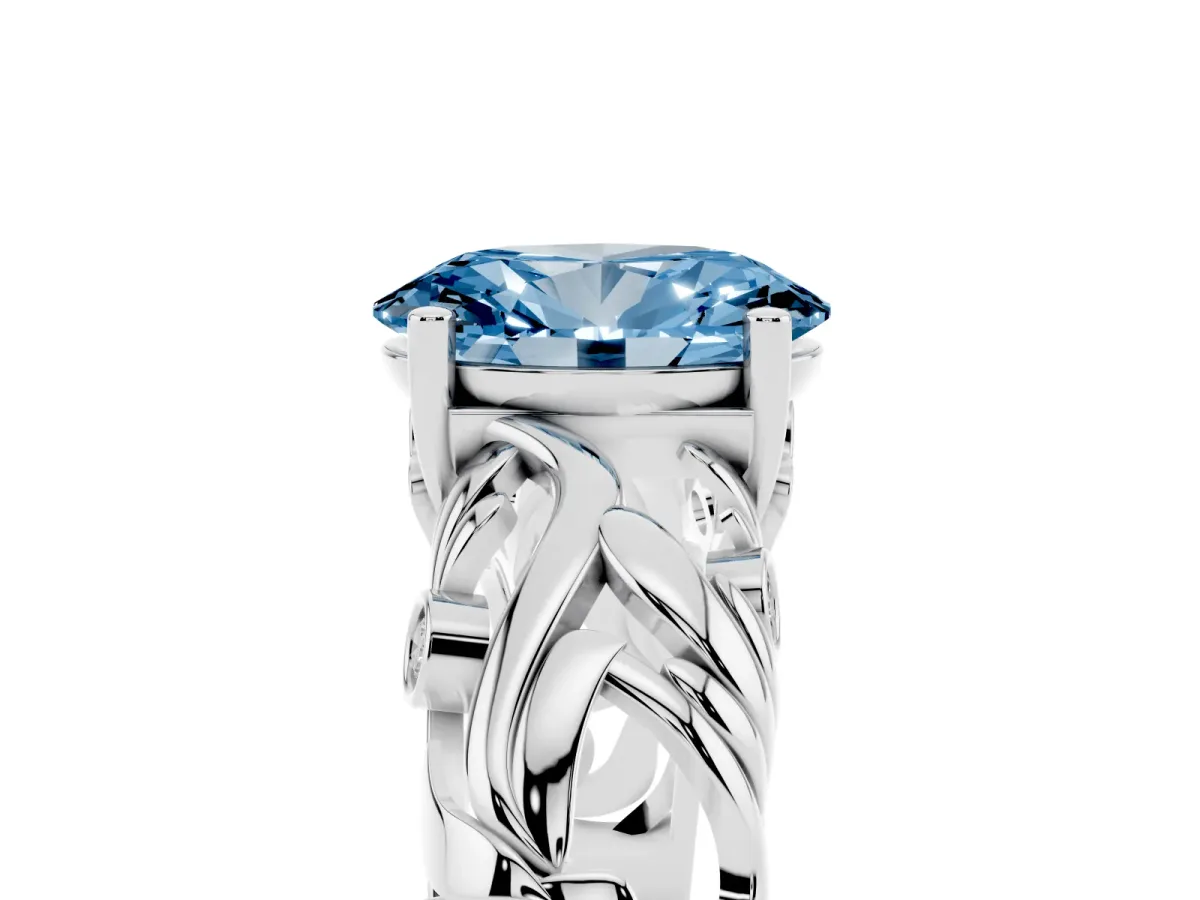 Fancy Blue Oval Cut Solitaire Diamond Leaf-Inspired Vine Band Ring with Prong Setting Platinum