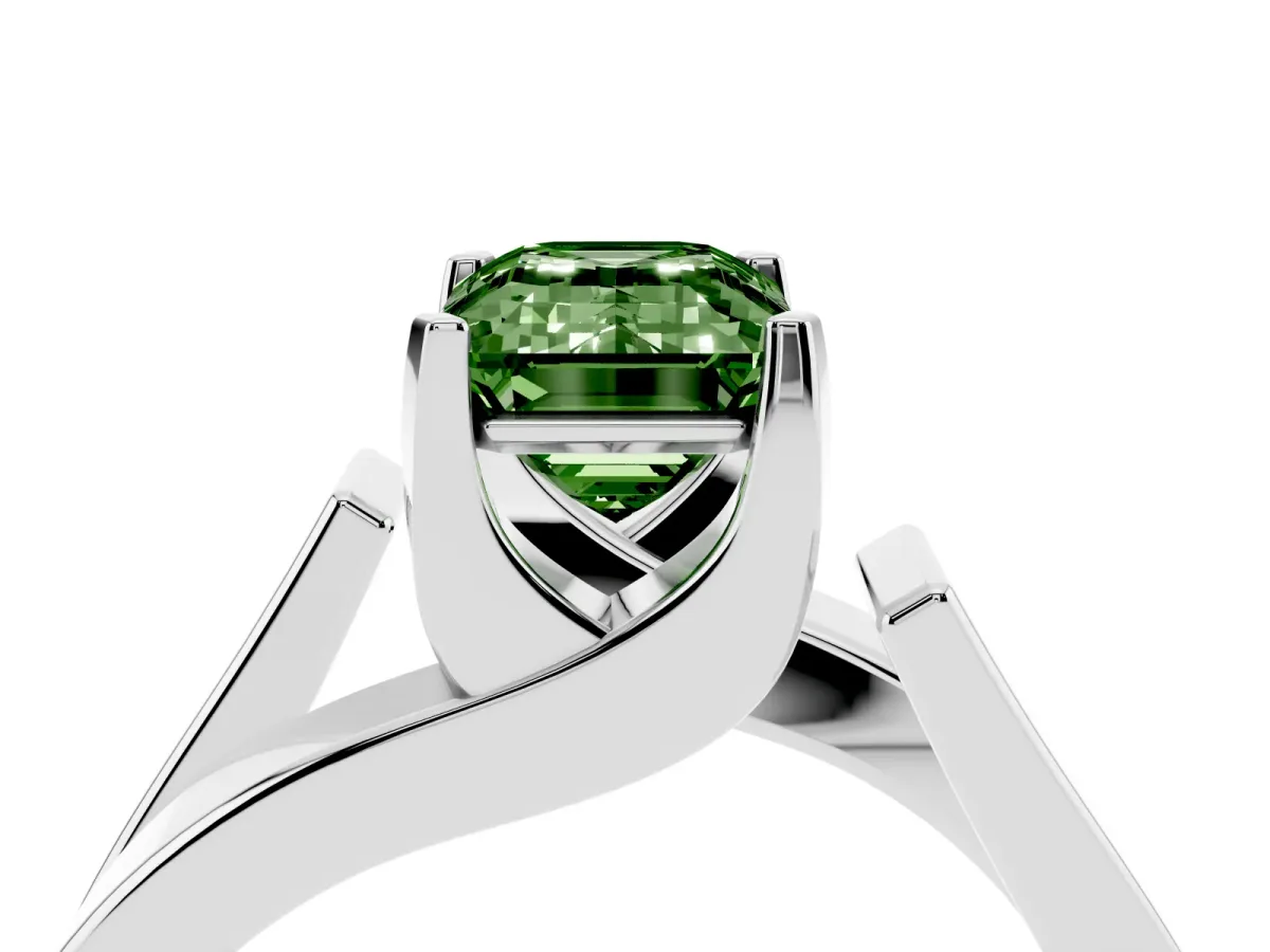 Fancy Green Modern Tension Set Emerald Cut Diamond Solitaire Wide Band Ring Silver
