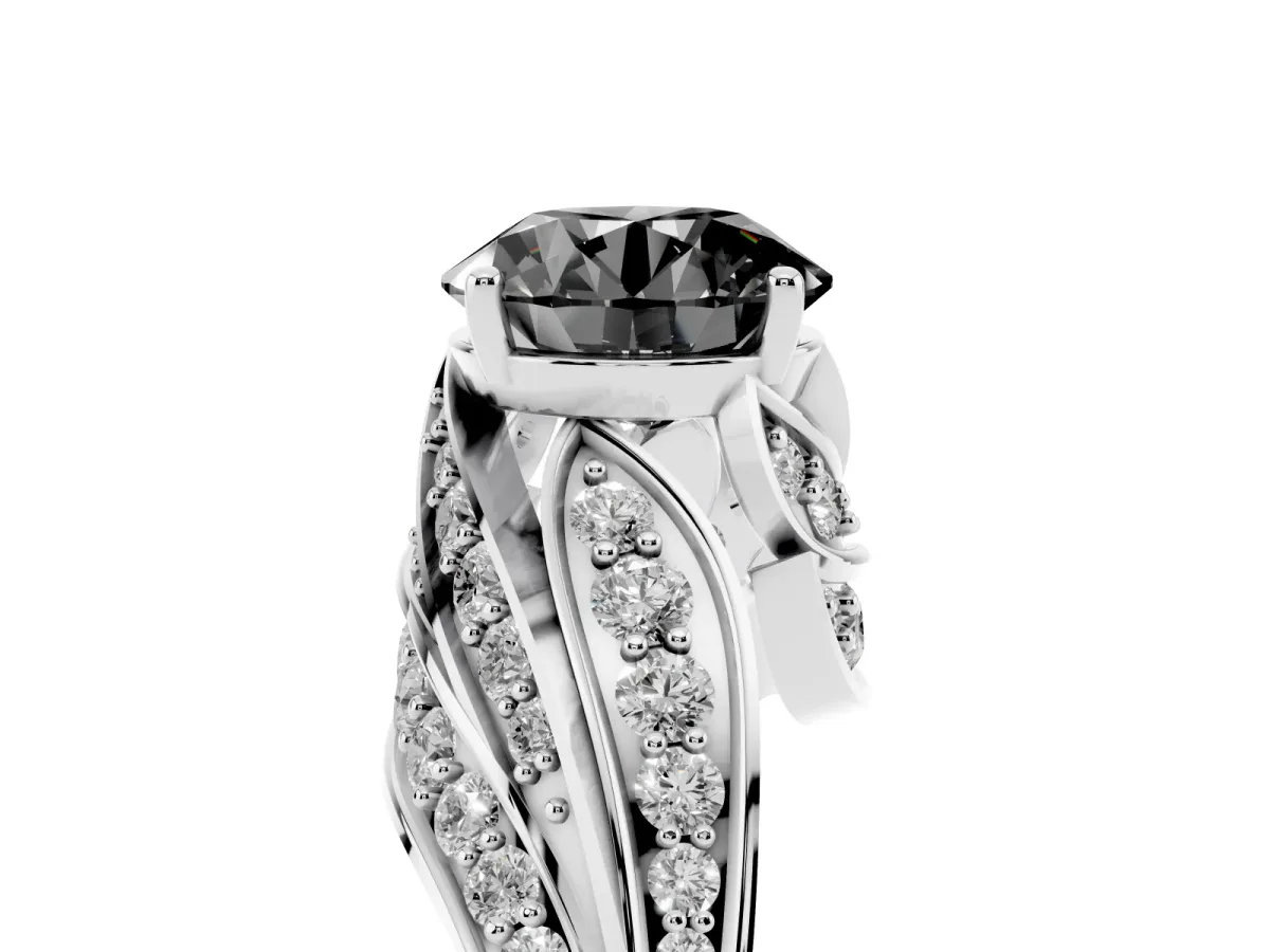 Fancy Black Round Cut Diamond Solitaire Ring with Prong Setting and Twisted Pavé Band Silver