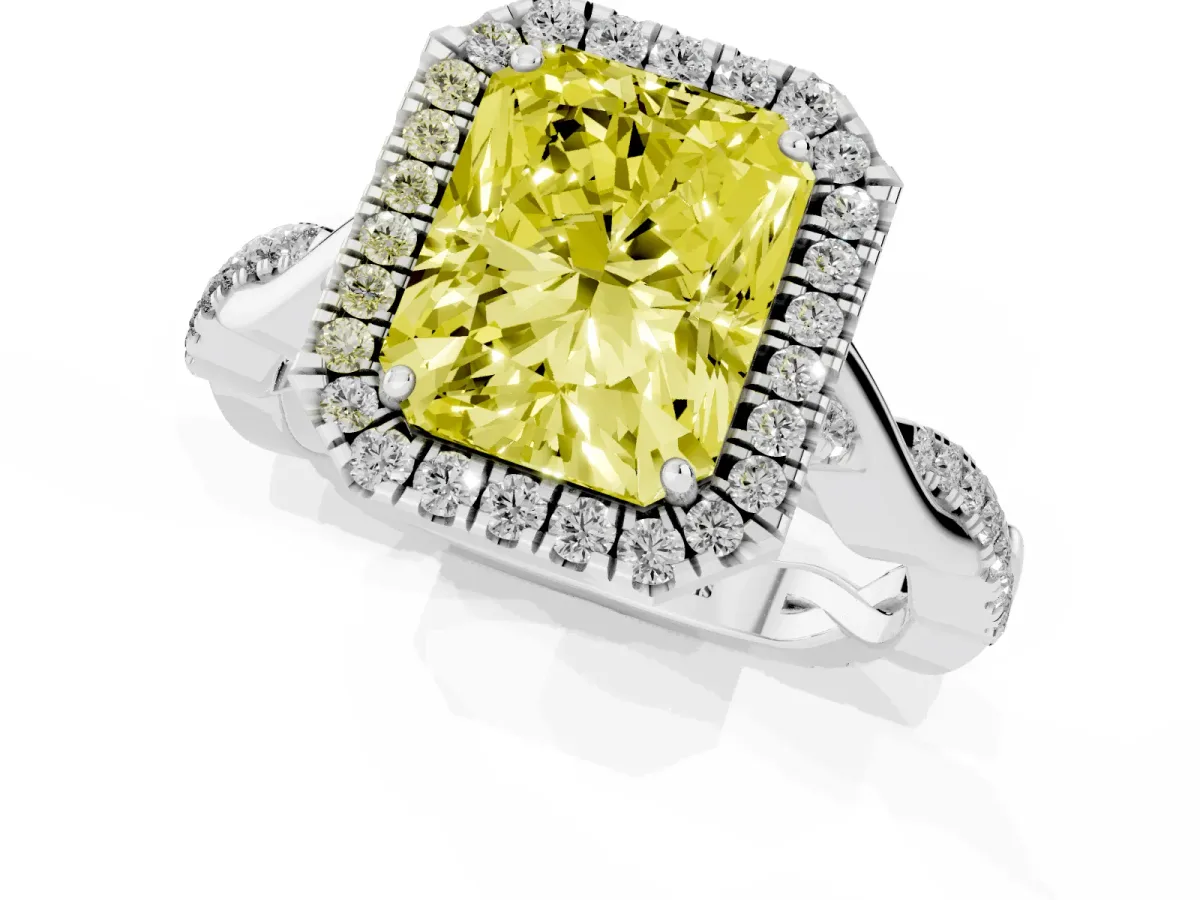 Fancy Yellow Radiant Cut Halo Twist Band Solitaire Ring Silver