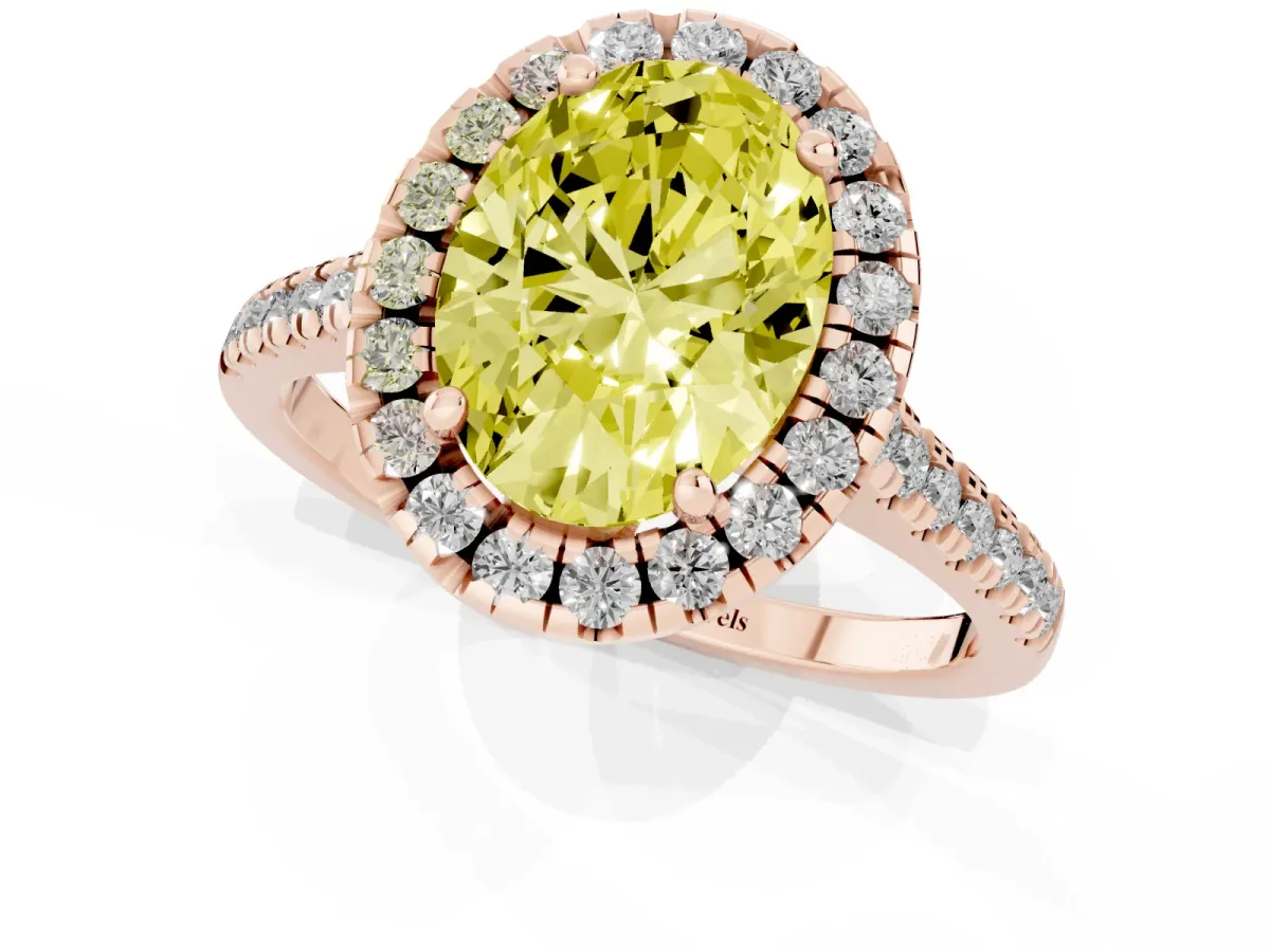 Fancy Yellow Oval Cut Diamond Cushion Halo Ring with Pavé Band Rose gold