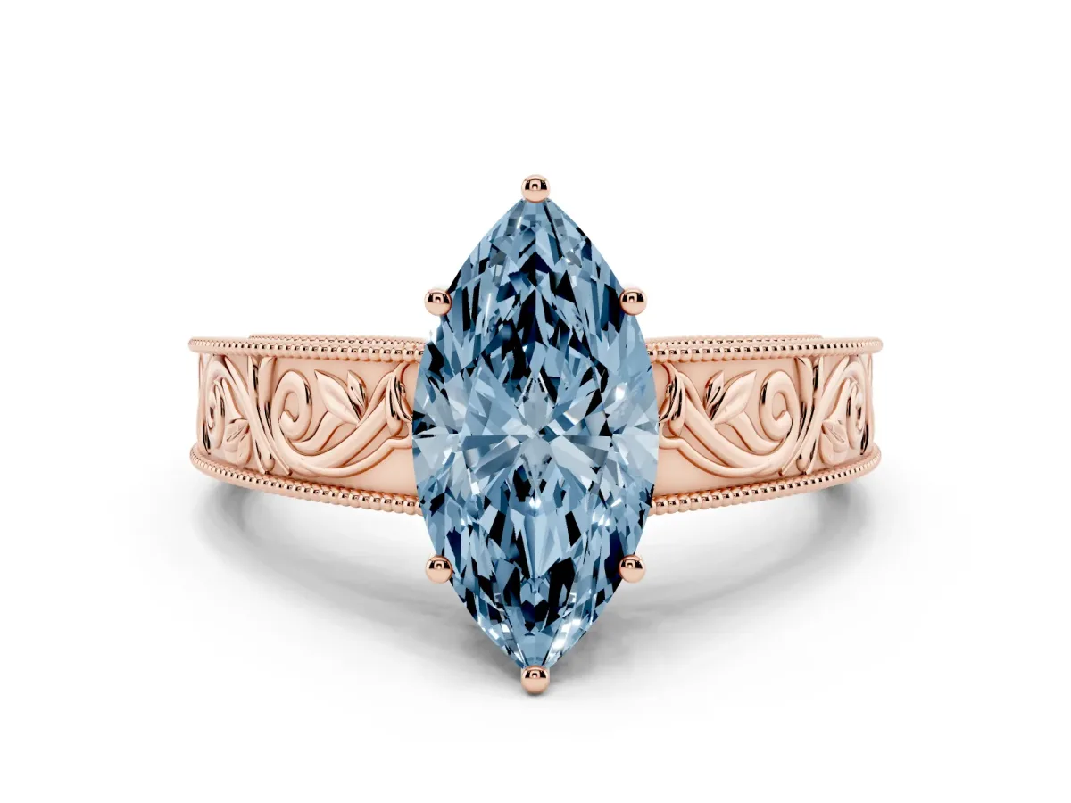 Fancy Blue Marquise Cut Diamond Solitaire Ring with Engraved Band and Four-Prong Setting Rose gold