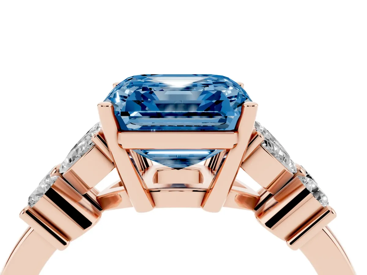 Fancy Blue Asscher Cut Diamond Floral Cluster Ring with Solitaire Band and Prong Setting Rose gold