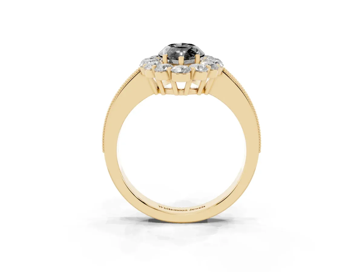 Fancy Black Marquise Cut Cut Halo Diamond Pavé Engagement Ring with Milgrain Detailing Yellow gold