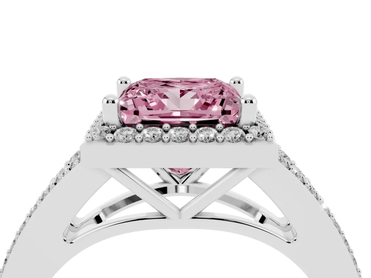 Fancy Pink Princess Cut Halo Split Shank Pave Diamond Ring with Four-Prong Setting Silver