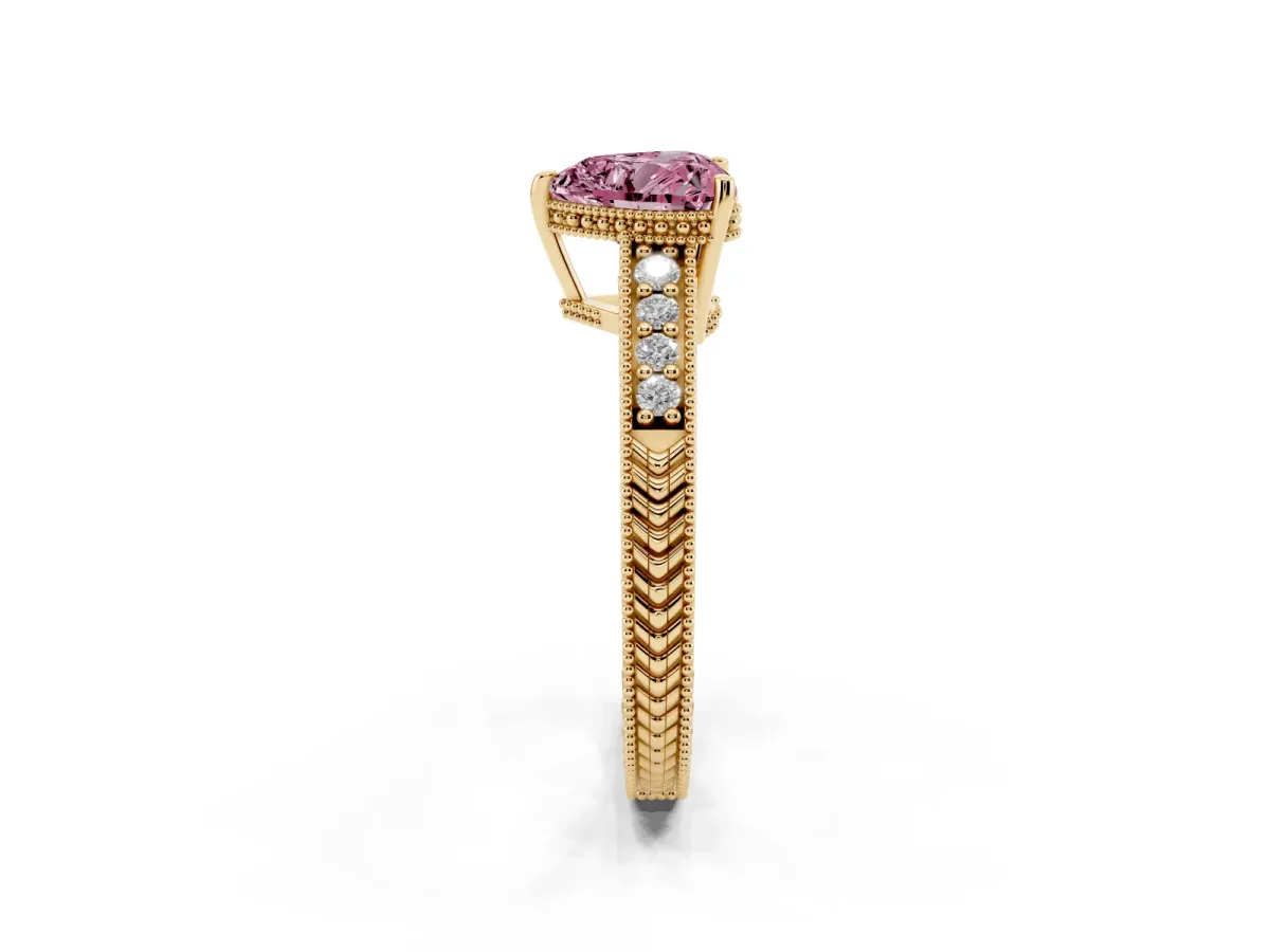 Fancy Pink Heart Cut Solitaire Pavé Diamond Milgrain Engagement Ring with Four-Prong Setting Yellow gold