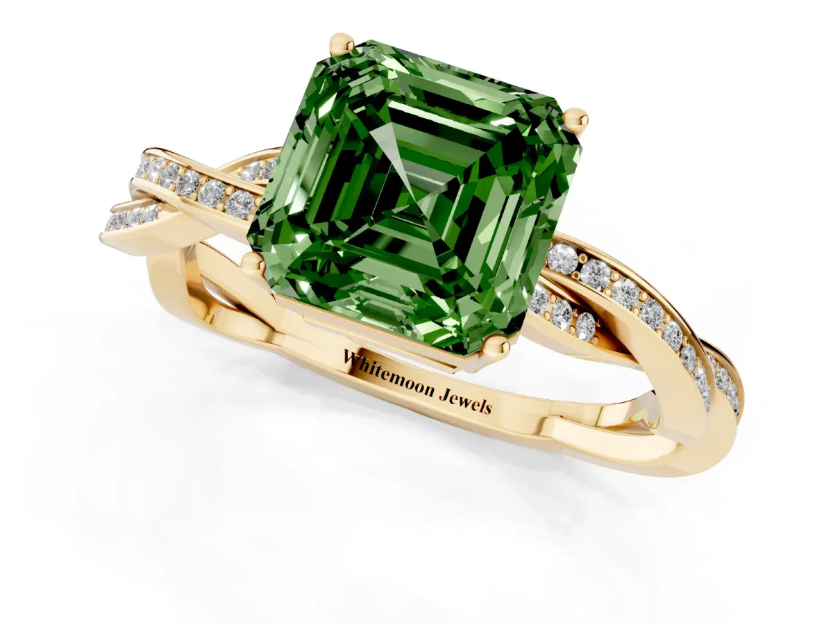 Fancy Green Asscher Cut Solitaire Twisted Pave Diamond Ring with Four-Prong Setting Yellow gold